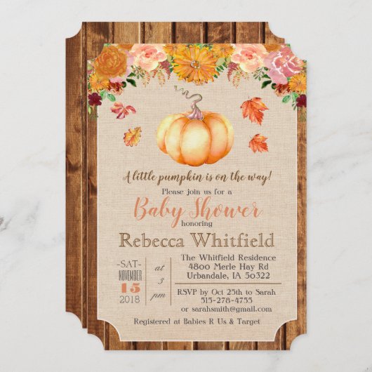 Pumpkin Rustic Leaves Baby shower Invitation Kaart (Voorkant / Achterkant)