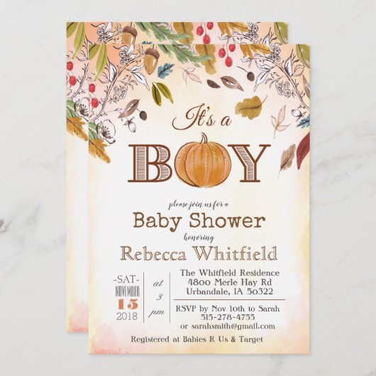 Pumpkin Rustic Leaves Baby shower Invitation Kaart (Voorkant / Achterkant)