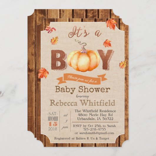 Pumpkin Rustic Leaves Baby shower Invitation Kaart (Voorkant / Achterkant)