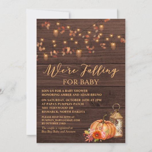Pumpkin Rustic Leaves Baby shower Invitation Kaart (Voorkant)