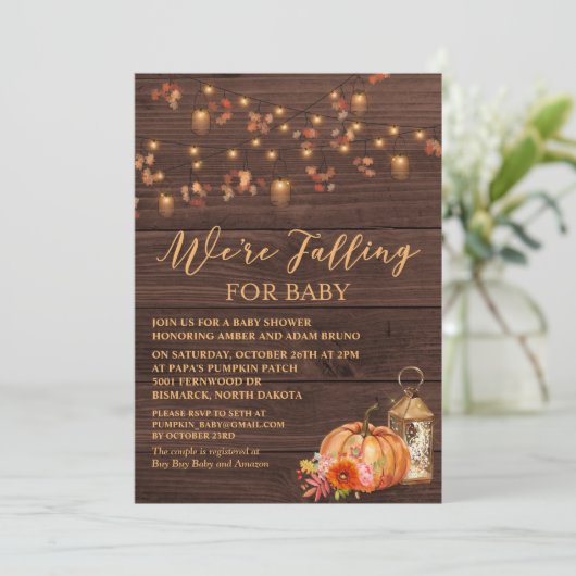 Pumpkin Rustic Leaves Baby shower Invitation Kaart (Staand voorkant)