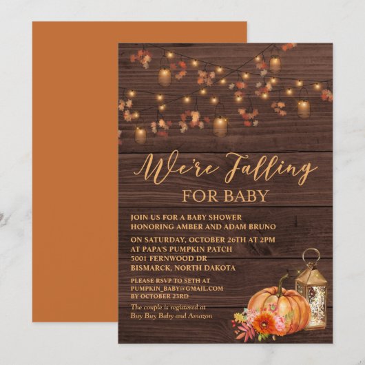 Pumpkin Rustic Leaves Baby shower Invitation Kaart (Voorkant / Achterkant)