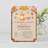 Pumpkin Rustic Leaves Hout 1e Verjaardag uitnodigi Kaart (Staand voorkant)
