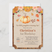 Pumpkin Rustic Leaves Hout 1e Verjaardag uitnodigi Kaart (Voorkant)