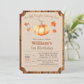 Pumpkin Rustic Leaves Hout 1e Verjaardag uitnodigi Kaart (Staand voorkant)