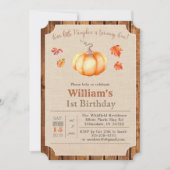 Pumpkin Rustic Leaves Hout 1e Verjaardag uitnodigi Kaart (Voorkant)