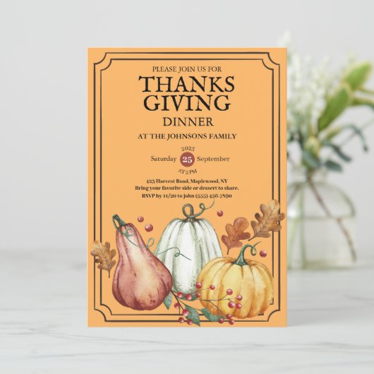 Pumpkin Rustic Thanksgiving Dinner Fall Watercolor Kaart (Staand voorkant)