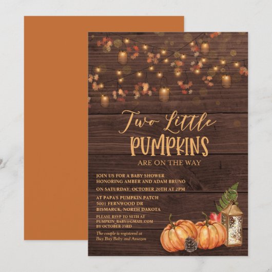 Pumpkin Rustic Twin Baby shower Invitation Kaart (Voorkant / Achterkant)