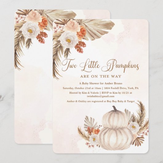 Pumpkin Rustic Twin Baby shower Invitation Kaart (Voorkant / Achterkant)