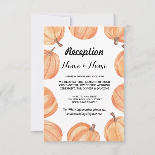 Pumpkin Rustic Wedding Reception Kaart Herfst (Voorkant)