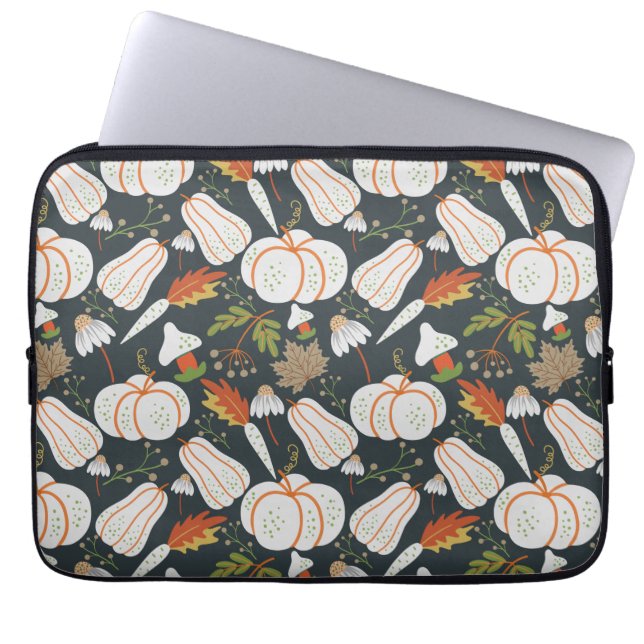 Pumpkin seamless pattern floral black and white laptop sleeve (Voorkant)