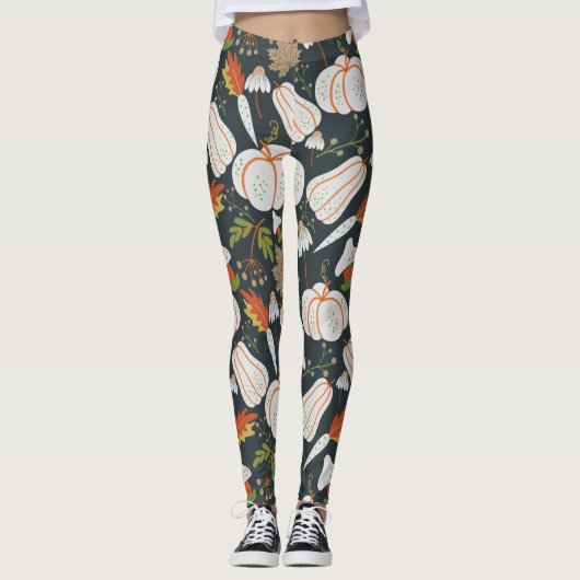 Pumpkin seamless pattern floral black and white leggings (Voorkant)