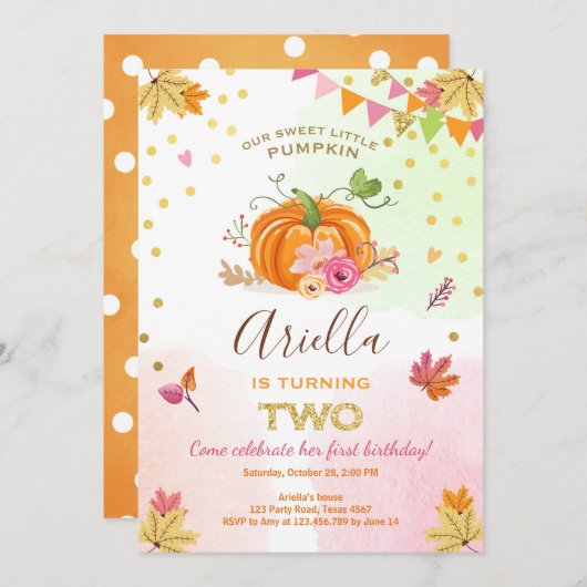 Pumpkin Second Birthday Invitation Autumn Herfst Kaart (Voorkant / Achterkant)