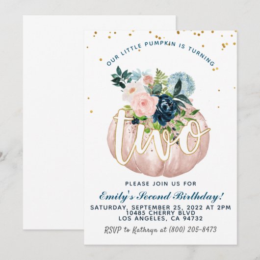 Pumpkin Second Birthday Invitation Kaart (Voorkant / Achterkant)