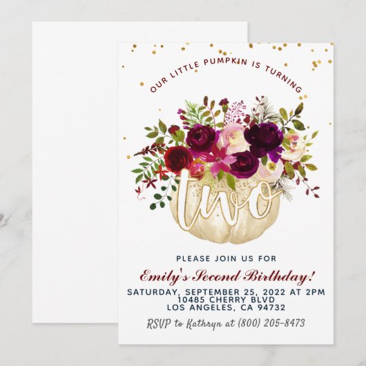 Pumpkin Second Birthday Invitation Kaart (Voorkant / Achterkant)