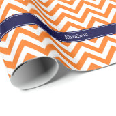 Pumpkin Sinaasappel Lg Chevron Navy Name Monogram Cadeaupapier (Rol Hoek)