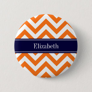 Pumpkin Sinaasappel Lg Chevron Navy Name Monogram Ronde Button 5,7 Cm