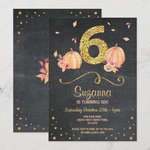 Pumpkin SIX Birthday 6th Herfst Chalk Gold Invite Kaart