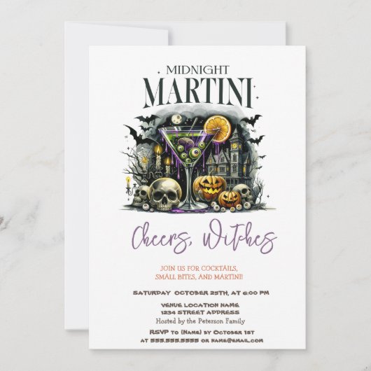 Pumpkin Skelet Martini Halloween Party Kaart (Voorkant)
