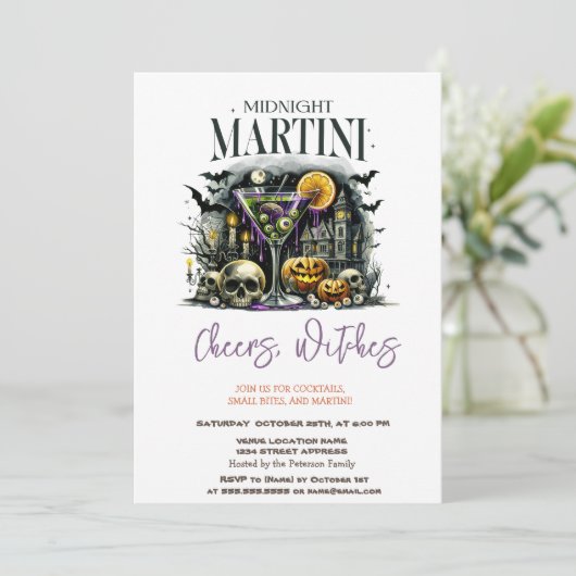 Pumpkin Skelet Martini Halloween Party Kaart (Staand voorkant)