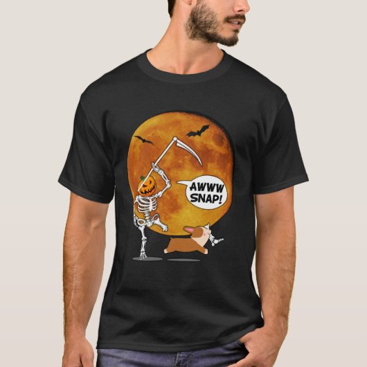 Pumpkin Skeleton Broken Leg Halloween Corgi Reaper T-shirt (Voorkant)
