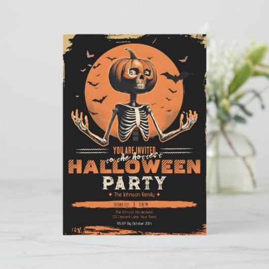 Pumpkin Skeleton  Halloween Kostuumfeest Kaart (Staand voorkant)