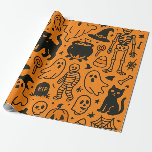pumpkin, skull and ghost patterned wrapping paper cadeaupapier (Uitgerold)
