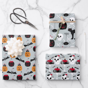 Pumpkin Skulls Black Cat Design Perfect Halloween Inpakpapier Vel