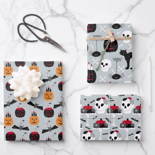 Pumpkin Skulls Black Cat Design Perfect Halloween Inpakpapier Vel (Voorkant)