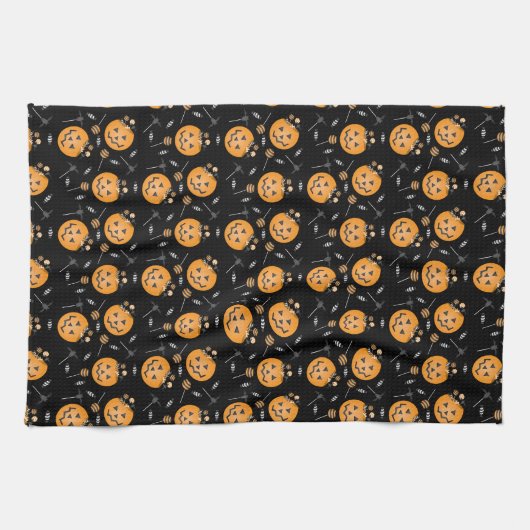 Pumpkin Snoep Bucket Trick or treat Sinaasappel Bl Theedoek (Horizontaal)