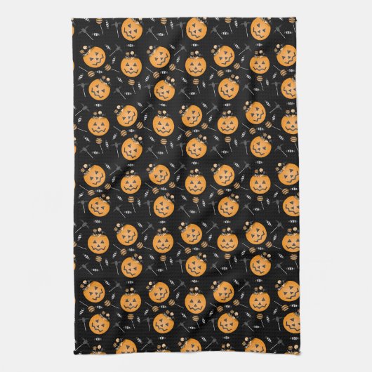 Pumpkin Snoep Bucket Trick or treat Sinaasappel Bl Theedoek (Verticaal)