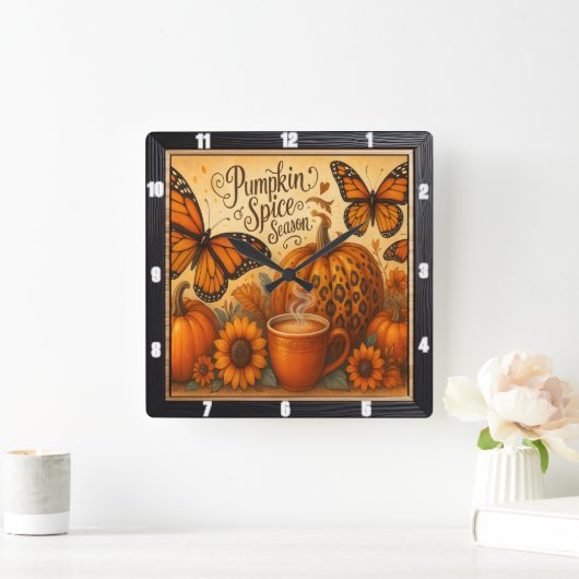 Pumpkin Spice Butterflies Herfst Vierkante Klok (Huis)