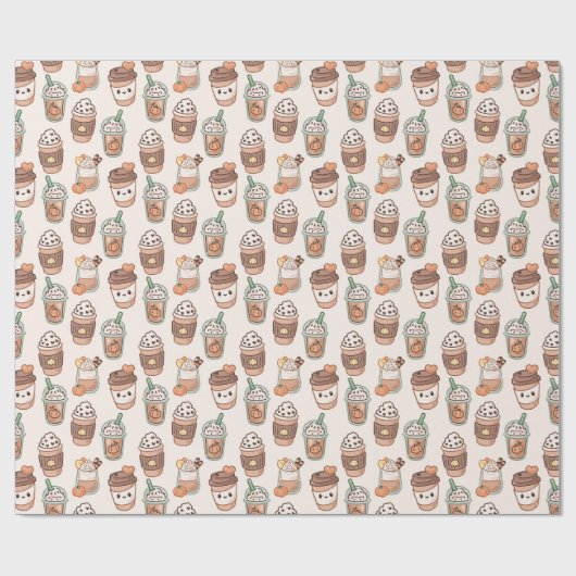 Pumpkin Spice Coffee Kawaii Fall Pattern Cadeaupapier (Vlak)