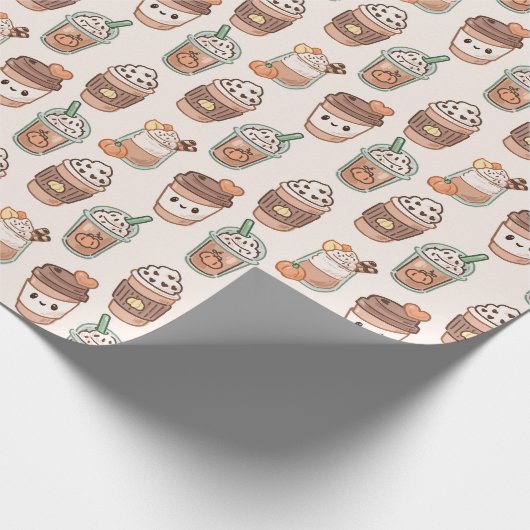 Pumpkin Spice Coffee Kawaii Fall Pattern Cadeaupapier (Hoek)