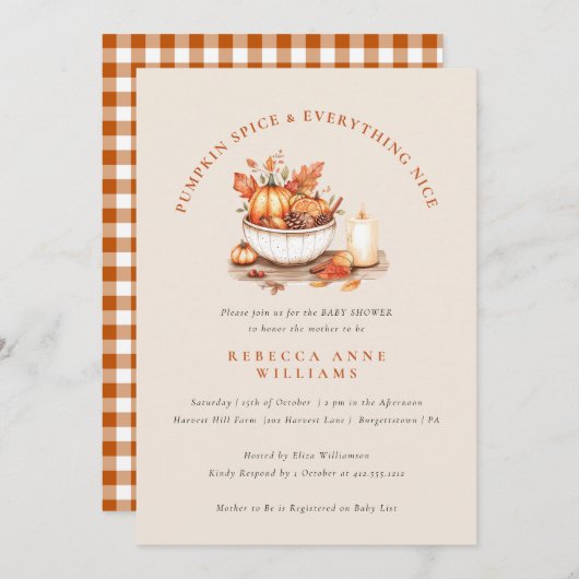 Pumpkin Spice & Everything Nice – Fall Baby Shower Kaart (Voorkant / Achterkant)