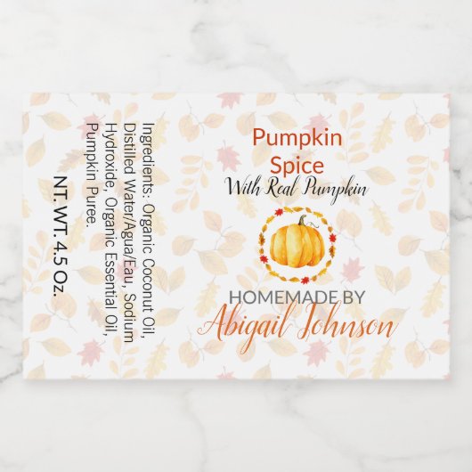 Pumpkin Spice Handmade Homemade Soap | Scrub-etike Voedselcontainer Etiket (Enkel label)