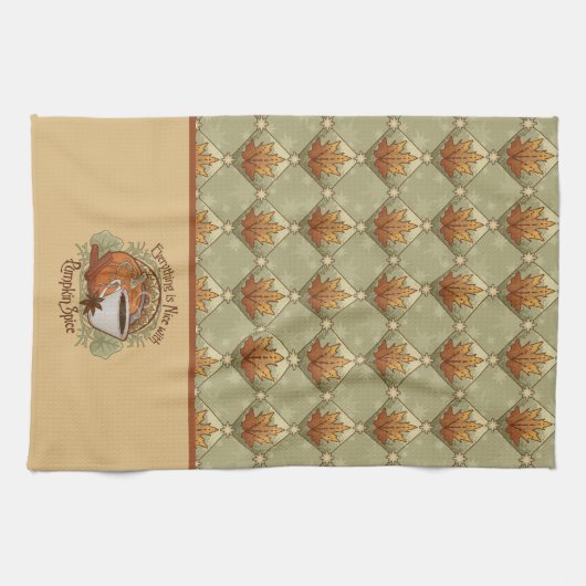 Pumpkin Spice Koffie Kunst en Herfst Bladeren Patr Theedoek (Horizontaal)