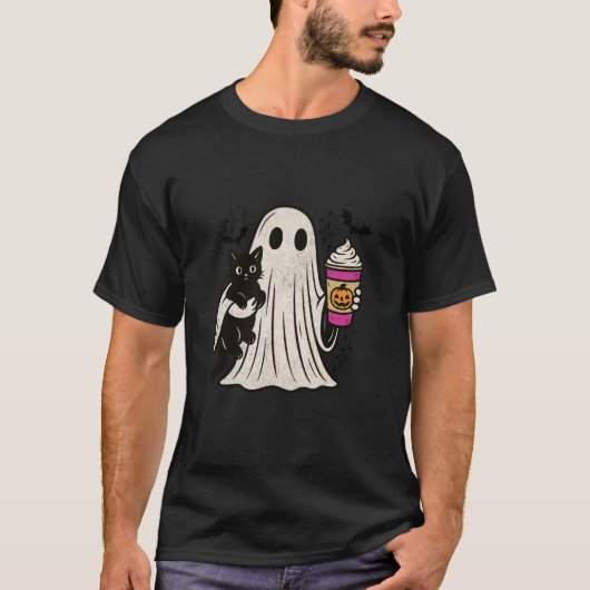 Pumpkin Spice Latte Ghost Holding Black Cat Hallow T-shirt (Voorkant)