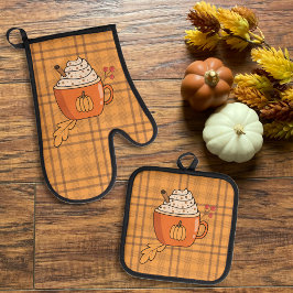 Pumpkin Spice Ochre Plaid Pattern Herfst Ovenwant & Pannenlap Set