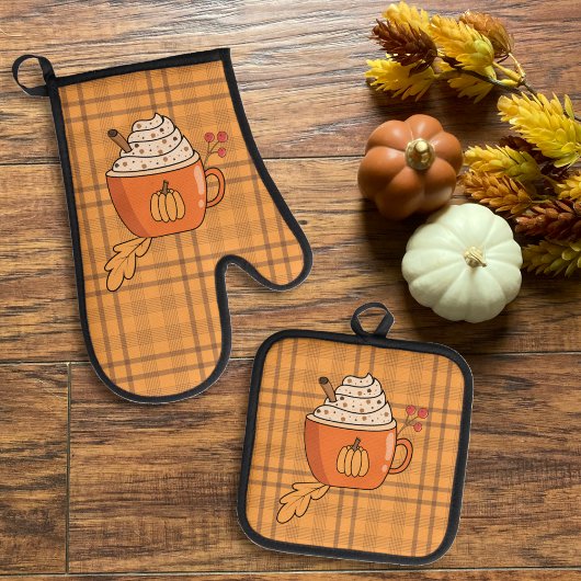 Pumpkin Spice Ochre Plaid Pattern Herfst Ovenwant & Pannenlap Set