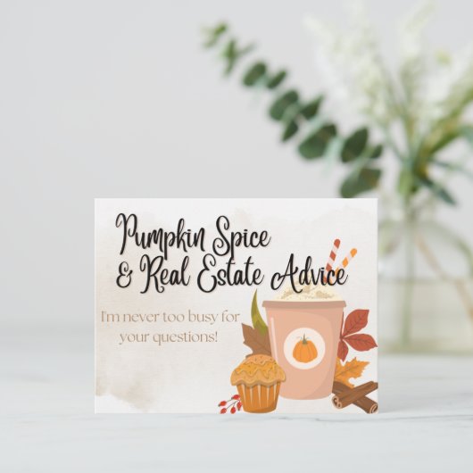 Pumpkin Spice & Real Estate Advice Realtor Pop-by Uitnodiging Briefkaart (Staand voorkant)