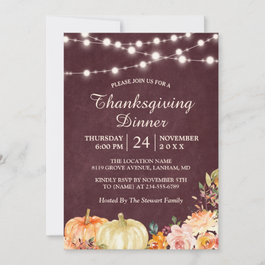 Pumpkin String Lights Floral Thanksgiving Dinner Kaart (Voorkant)
