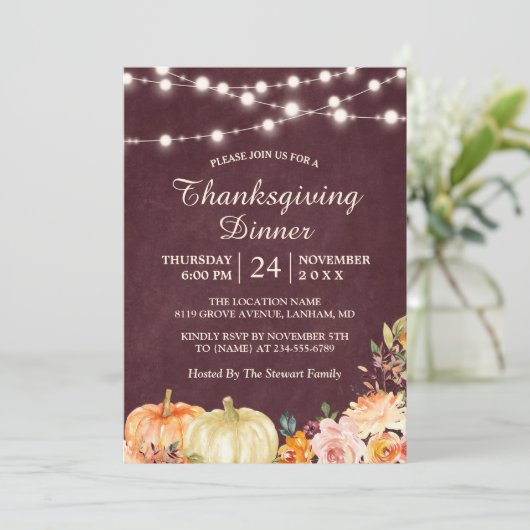 Pumpkin String Lights Floral Thanksgiving Dinner Kaart (Staand voorkant)