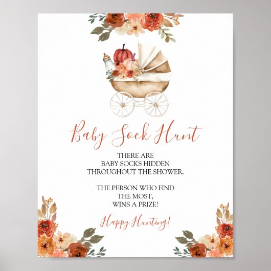 Pumpkin Stroller Floral Baby Shower Baby Sock Hunt Poster (Voorkant)