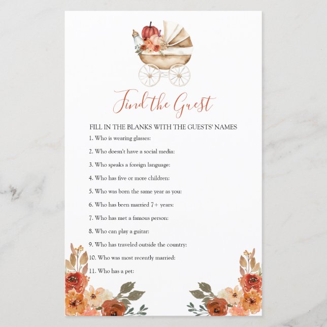 Pumpkin Stroller Floral Baby Shower Find The Guest (Voorkant)