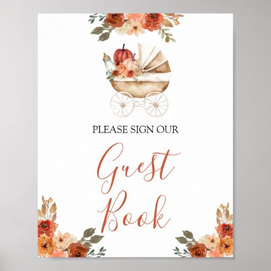 Pumpkin Stroller Floral Baby Shower Guest Book Poster (Voorkant)