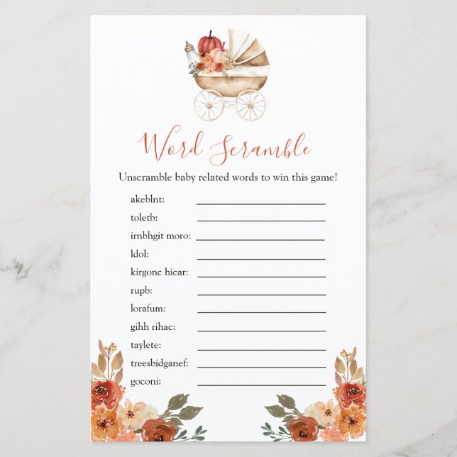 Pumpkin Stroller Floral Baby Shower Word Scramble (Voorkant)