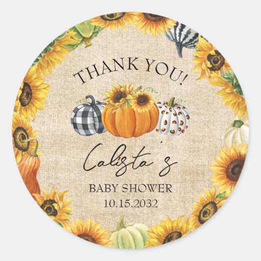 Pumpkin Sunflower Burlap Baby shower Hartelijk dan Ronde Sticker (Voorkant)