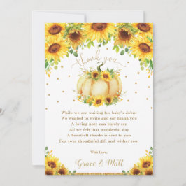 Pumpkin Sunflower Floral Gold Glitter Baby shower Bedankkaart