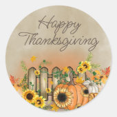 Pumpkin Sunflower Picket Fence Happy Thanksgiving Ronde Sticker (Voorkant)